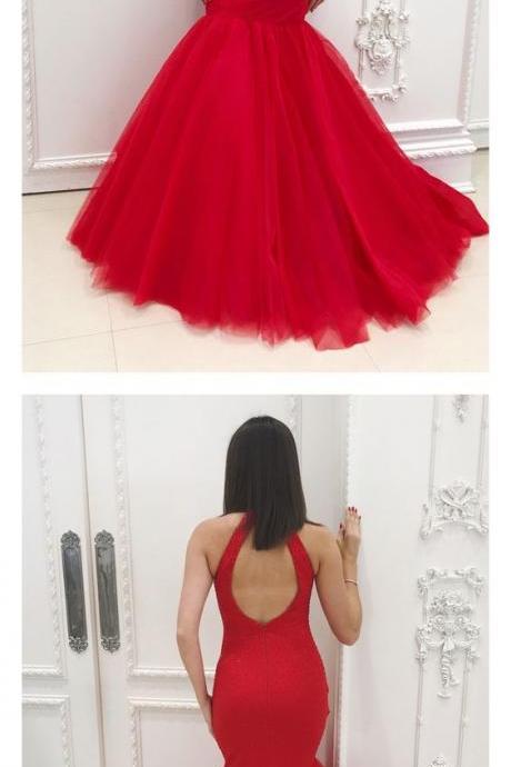 Red Halter Long Tulle Mermaid Prom Dresses PL 001