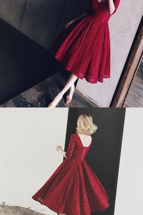 Burgundy A-line, Princess Homecoming Party Dresses,short V-neck Prom Dresses With Pleated Lace Up Dresses