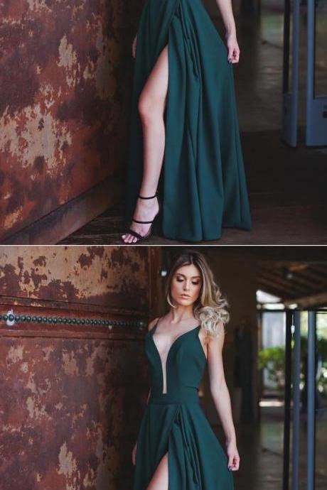 Sexy Emerald Green Prom Dress, Plunging Neck Prom Dress With Slit, Satin Long Evening Dress