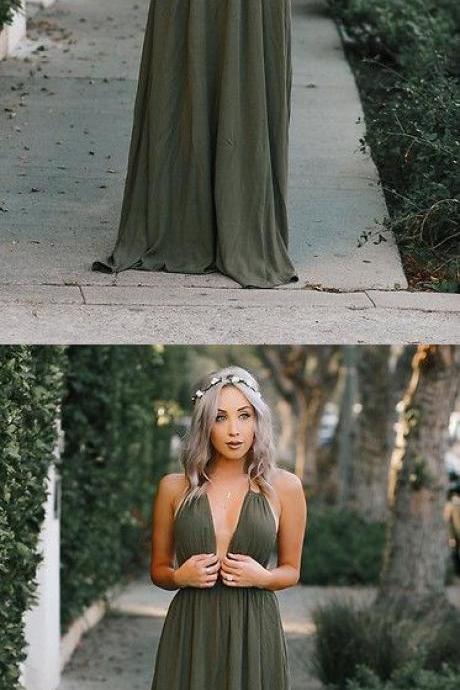 Olive V-neck A-line Prom Dress, Charming Prom Dress Long, Simple Party Dress