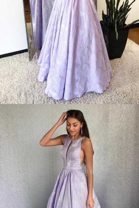 A-line Round Neck Floor-length Lilac Printed Prom Dress With Pleats