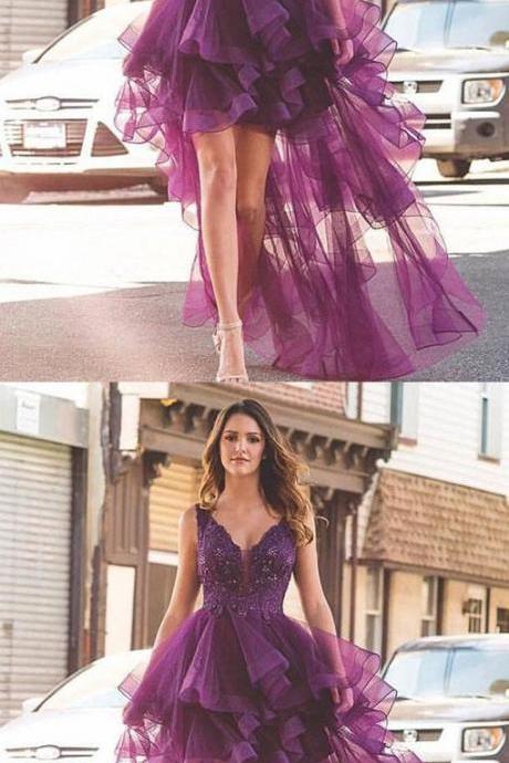 Purple v neck tulle lace short prom dress, purple evening dress