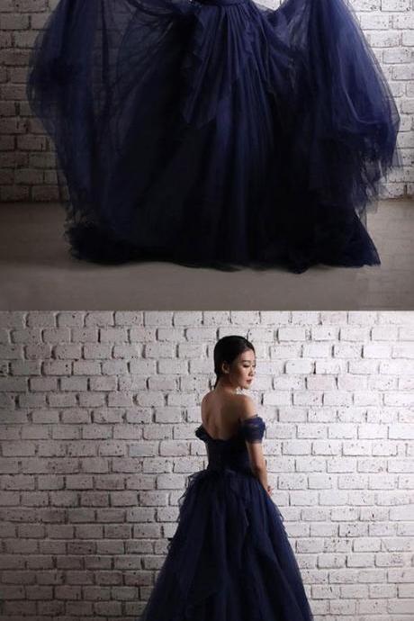 Dark Blue Tulle Long Prom Dress, Off Shoulder Evening Dress