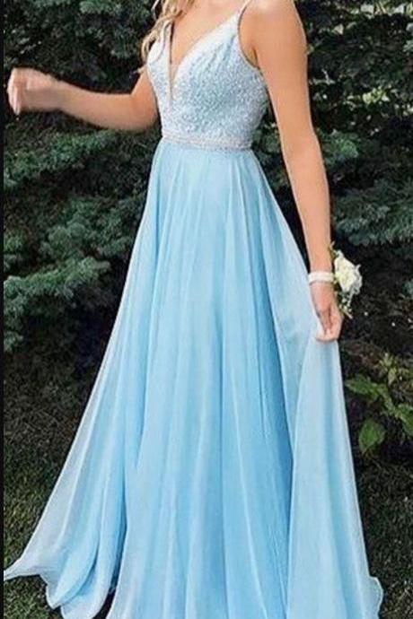 Charming V-neck Light Blue Long Prom Dress, Beaded A Line Evening Dress, Formal Prom Dresses