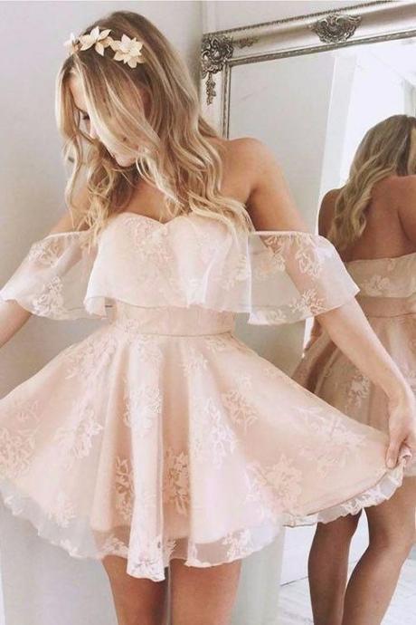 A-line Homecoming Dress,lace Off-shoulder Short Prom Dresses,pearl Pink Homecoming Dress