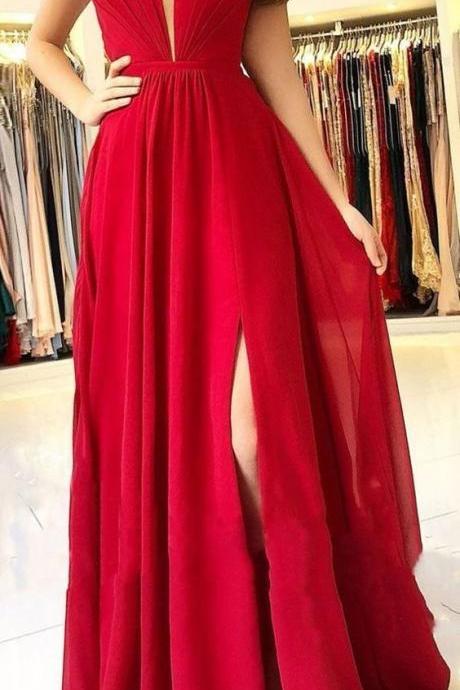 Sexy Bright Red Halter Side Slit Long Evening Prom Dresses, Sweet 16 Dresses
