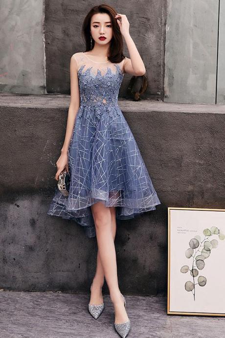 Blue Round Tulle Lace Short Prom Dress, Blue Homecoming Dress