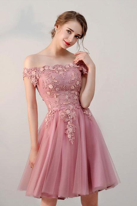 Pink Tulle Lace Short Prom Dress, Pink Tulle Lace Evening Dress