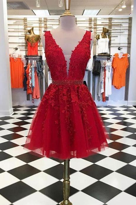 Burgundy V Neck Lace Tulle Short Prom Dress, Burgundy Lace Homecoming Dress
