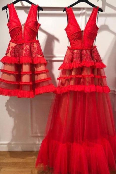 Red V Neck Tulle Long Prom Dress, Red Tulle Evening Dress