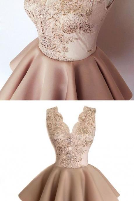 Champagne Lace Satin Short Prom Dress, Lace Homecoming Dress