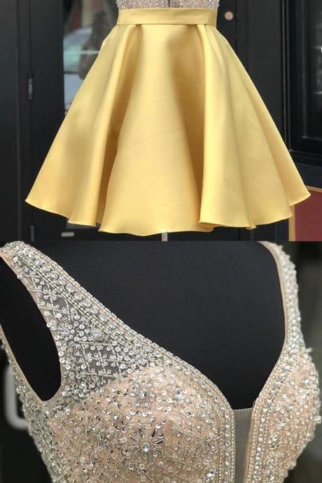 Yellow V Neck Sequin Short Prom Dress, Yellow Homecoming Dress