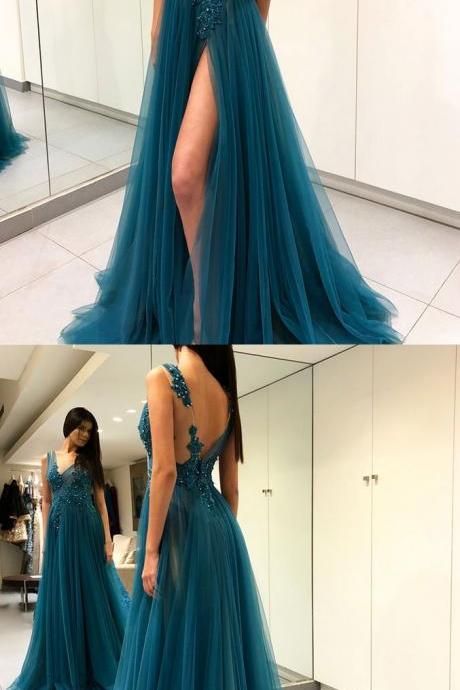 Green V Neck Tulle Long Prom Dress, Green Lace Evening Dress