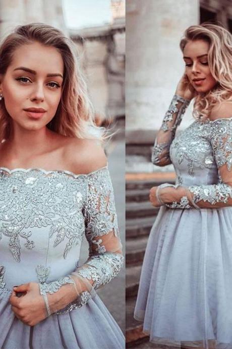 Gray Lace Tulle Short Prom Dress, Gray Lace Tulle Homecoming Dress