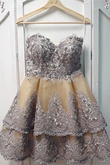Unique Sweetheart Neck Lace Short Prom Dress, Gray Homecoming Dress