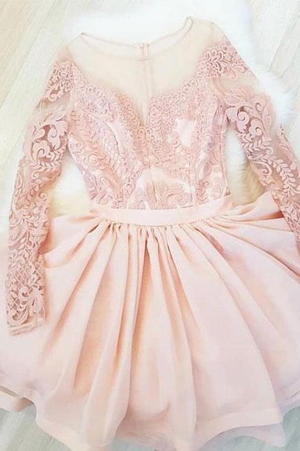 Pink Round Neck Lace Short Prom Dress, Pink Homecoming Dress