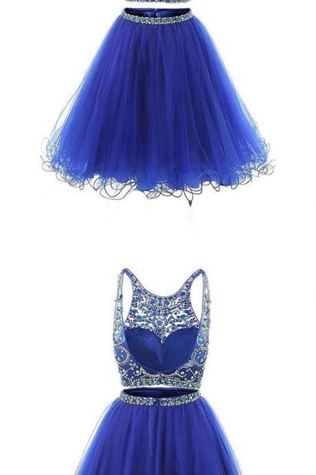 Blue Two Pieces Tulle Sequin Beads Short Prom Dress, Blue Homecoming