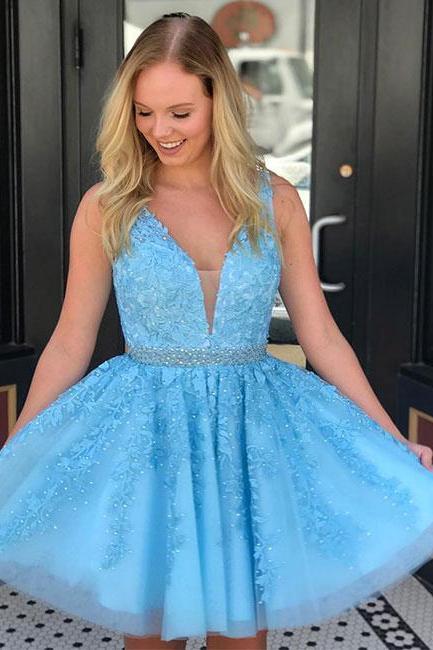 Blue V Neck Tulle Lace Applique Short Prom Dress, Cute Homecoming Dress