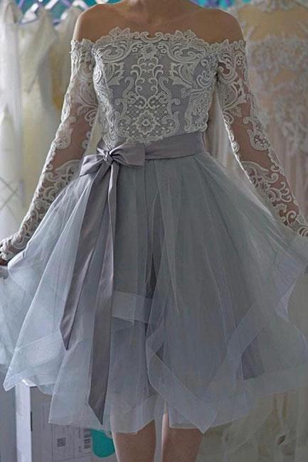 Cute Gray Lace Short Prom Dress. Cute Gray Homecoming Dress