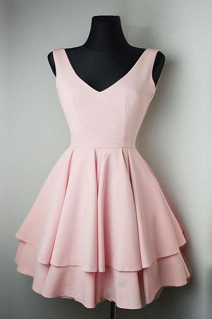 Cute V Neck Pink Short Prom Dress. Pink Homecoming Dress