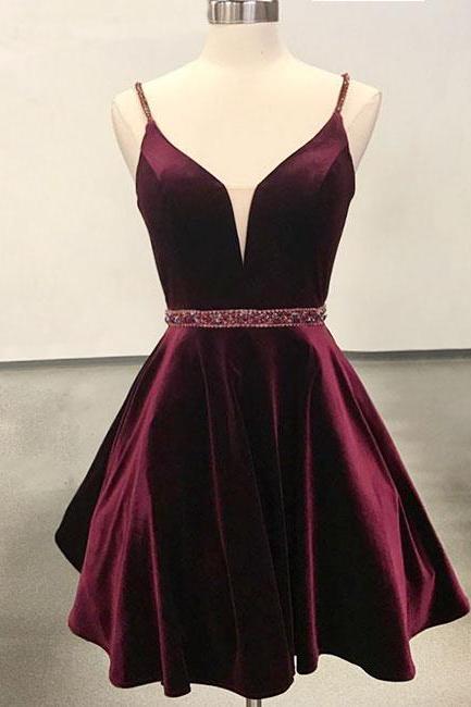Simple V Neck Velvet Short Burgundy Prom Dress, Burgundy Homecoming Dress