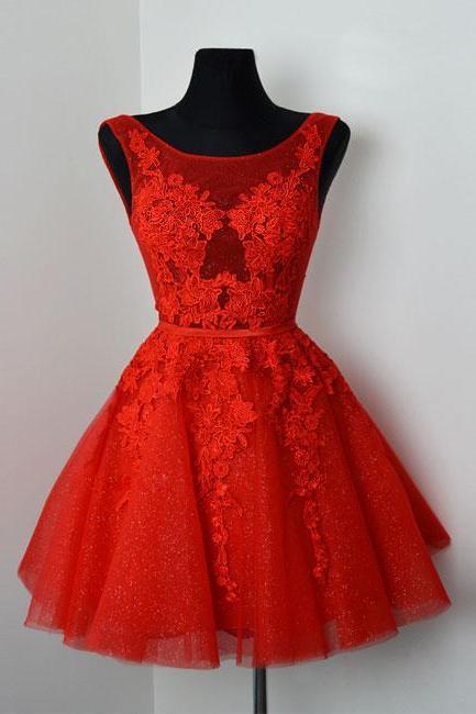 Red V Neck Lace Tulle Short Prom Dress, Red Homecoming Dress