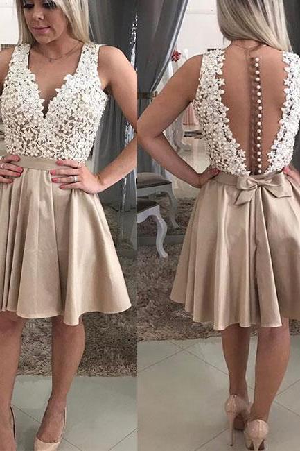 Champagne V Neck Lace Short Prom Dress, Homecoming Dress