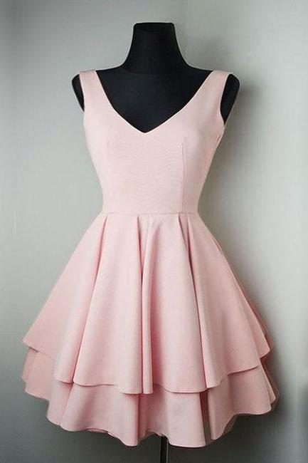 Simple V Neck Pink Short Prom Dress, Cute Pink Homecoming Dress