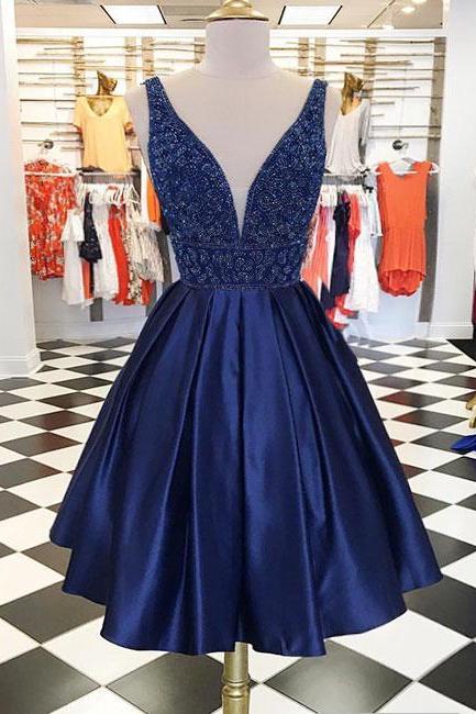 Dark Blue V Neck Beads Satin Short Prom Dress, Blue Homecoming Dress