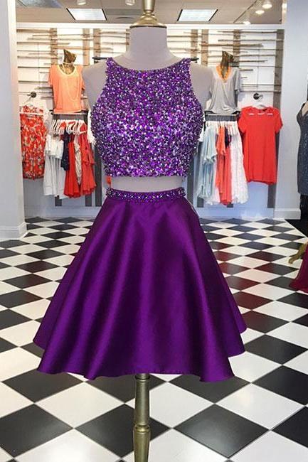 Purple Two Pieces Sequin Short Prom Dress, Purple Homecoming Dress