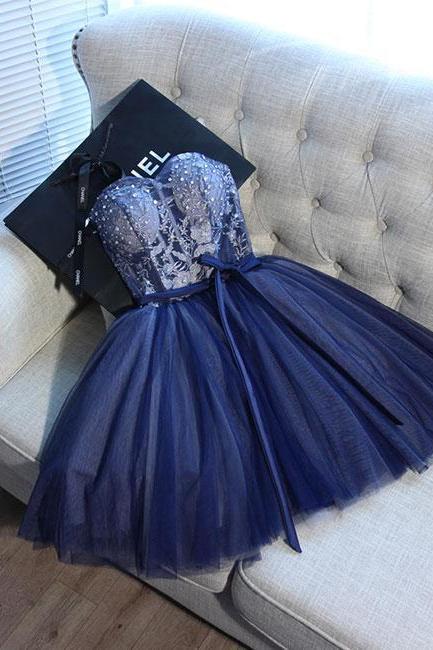 Blue Sweetheart Tulle Lace Short Prom Dress, Homecoming Dress