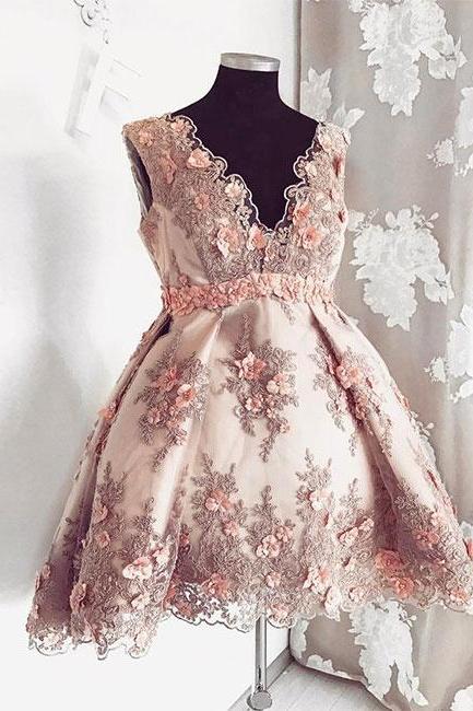 Pink V Neck Lace Short Prom Dress, Pink Homecoming Dress
