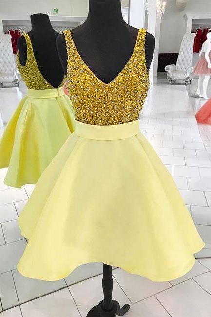 Yellow V Neck Sequin Short Prom Dress, Homecoming Dress