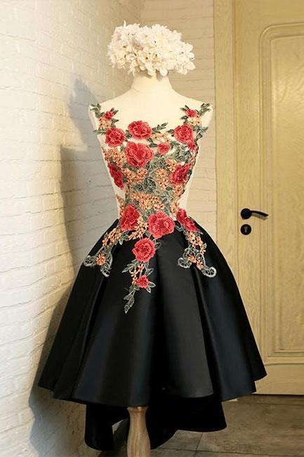 Black Round Neck Lace Applique Short Prom Dress, Homecoming Dress