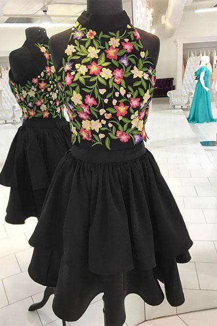 Black Two Pieces Applique Short Prom Dress, Homecoming Dress