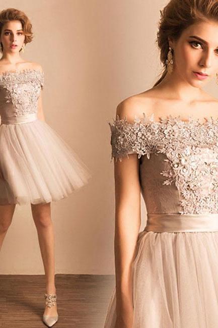 Cute Gray Lace Tulle Short Prom Dress, Homecoming Dress