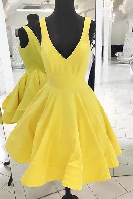 Yellow V Neck Satin Short Prom Dress, Yellow Homecoming Dress