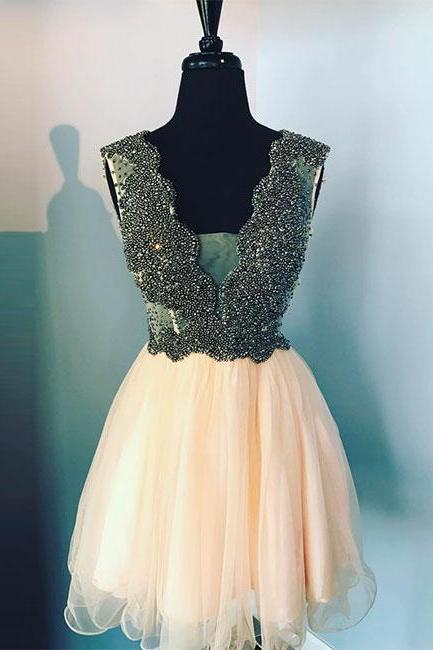 Cute V Neck Champagne Tulle Beads Short Prom Dress, Homecoming Dress