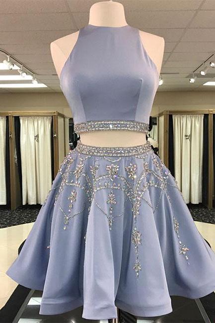 Blue Two Pieces Beads Sequin Short Prom Dress, Homecoming Dress