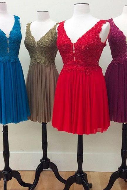 A-line V Neck Lace Chiffon Short Prom Dress, Lace Homecoming Dress