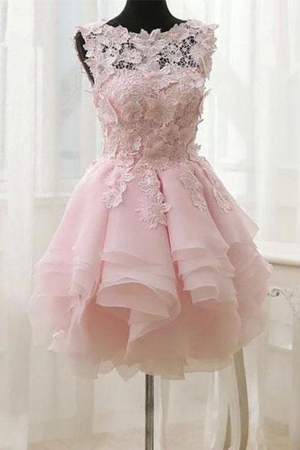 Pink Lace Short Prom Dress. Pink Homecoming Dress