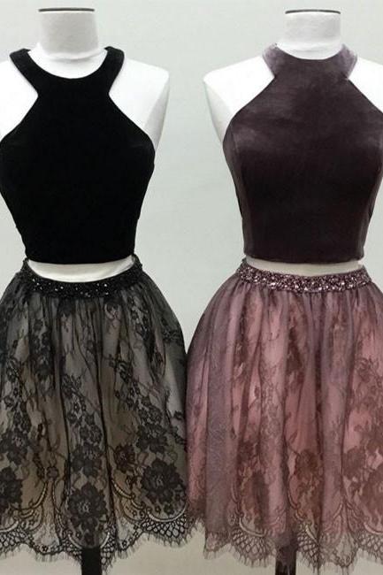 Cute Two Pieces Lace Short Prom Dress, Cute Homecoming Dress