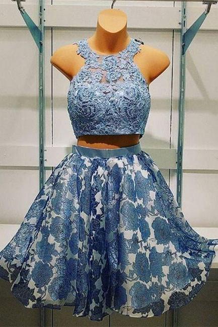 Blue Two Pieces Lace Short Prom Dress, Blue Homecoming Dress