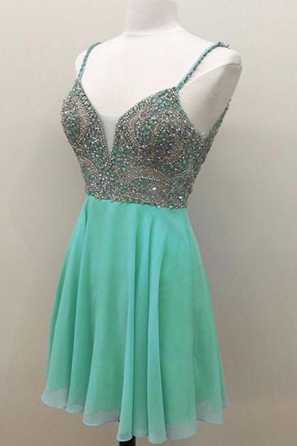 Green V Neck Sequin Beads Short Prom Dress, Green Homecoming Dress