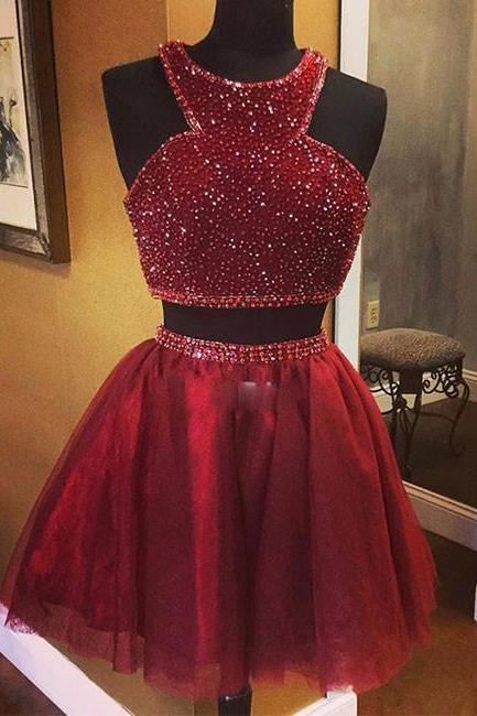 Burgundy Two Pieces Sequin Short Prom Dress, Burgundy Homecoming Dress