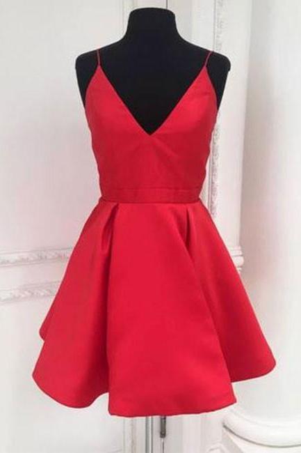 Cute V Neck Red Short Prom Dress, Red Homecoming Dress