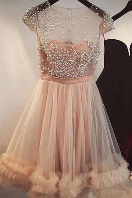 Cute Round Neck Tulle Short Prom Dress, Cute Homecoming Dress