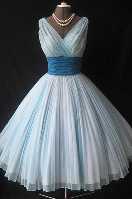Cute Retro V Neck Blue Short Prom Dress, Bridesmaid Dress