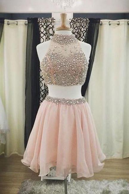 Cute Two Pieces Sequin Short Prom Dress, Cute Pink Homecoming Dress