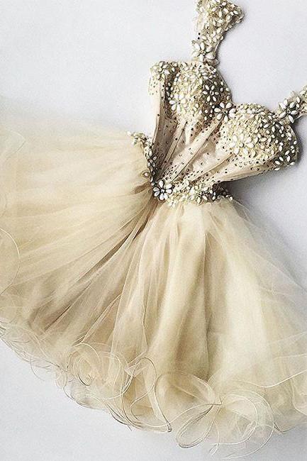 Champagne Sweetheart Tulle Short Prom Dress, Cute Homecoming Dress